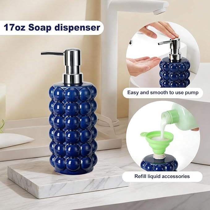 4 Piece Ceramic Bathroom Accessories Set –Soap Dispenser,Toothbrush Holder,Tumbler & Soap Dish,Includes Silicone Funnel,Non-Slip,Modern Farmhouse Countertop Organizer Set for Bathroom Decor, Navy Blue