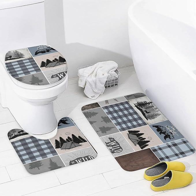 Rustic Bear Deer Shower Curtain Sets with Rugs 4 Piece Accessories Bathroom Curtains Shower Set Include Shower Curtain Non-Slip Rug Toilet Lid Cover Bath Mat One Size