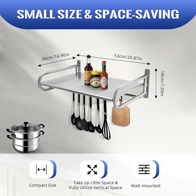 Metal Wall Shelf, 20 Inch Metal Wall Shelves with Hook Storage Shelf Suitable for Use in Kitchen, Living Room, Study, Balcony, Restaurants, Bathroom (Silver)