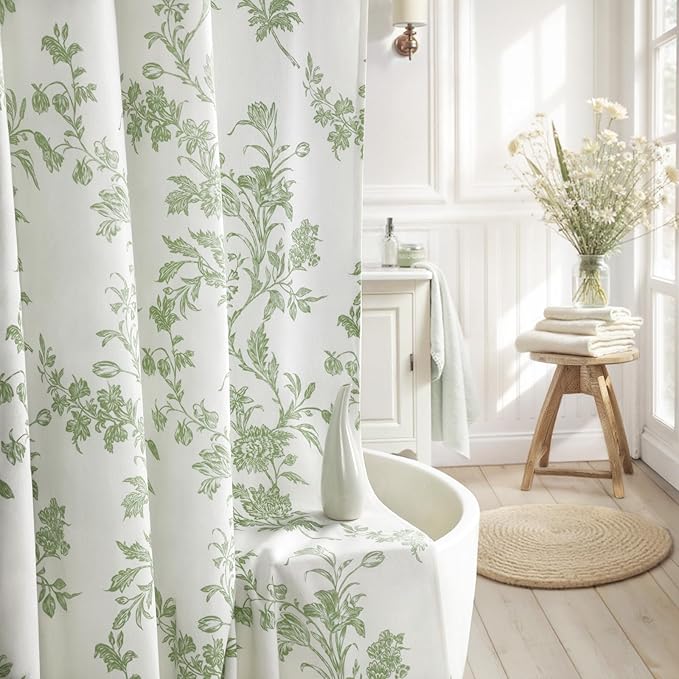 Sage Green Floral Shower Curtain,Vintage Cotton Cottagecore Shower Curtains for Bathroom, 72" W x 78" L