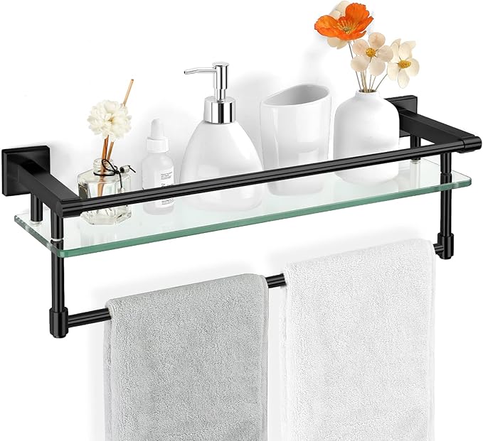 20-inch Glass Shelf with Towel bar, Matte Black-Finished Rail, Rectangular Stainless Steel Shelf, Wall-Mounted Storage Rack