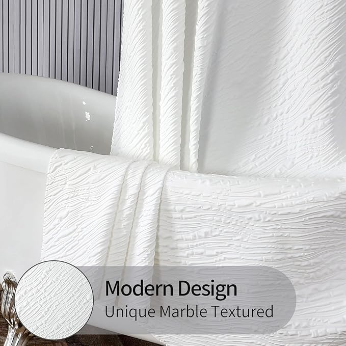 MitoVilla White Fabric Shower Curtain 72 x 78, Farmhouse Long Modern Geometric Cloth Shower Curtain for Bathroom Decor, Luxury Marble Textured, 78 inch Long