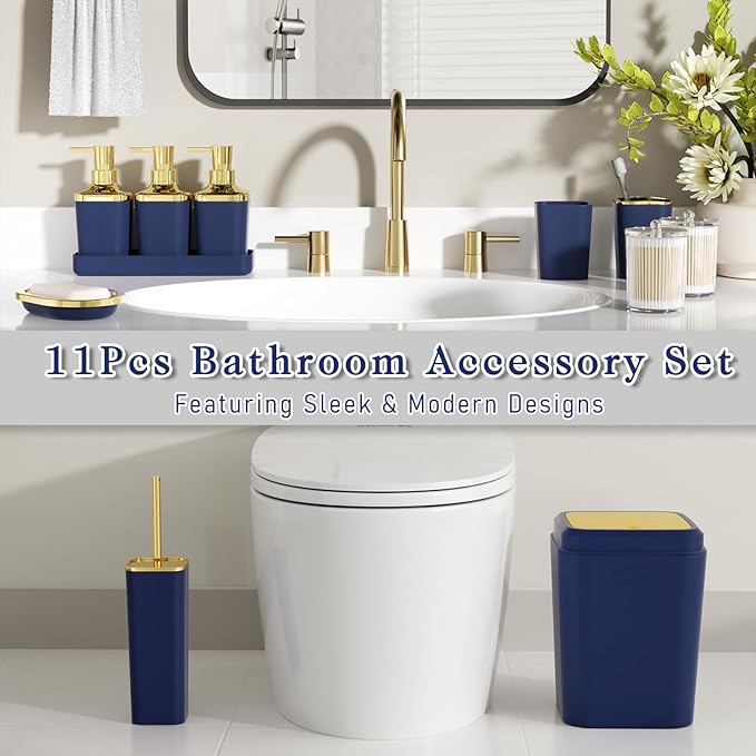 Bathroom Set — Blue Bathroom Accessories Set, 11PC Bathroom Accessory Set, Blue Bathroom Set with Push-lid Trash Can, 3PC Soap Dispensers, Toilet Brush & Qtip Holders
