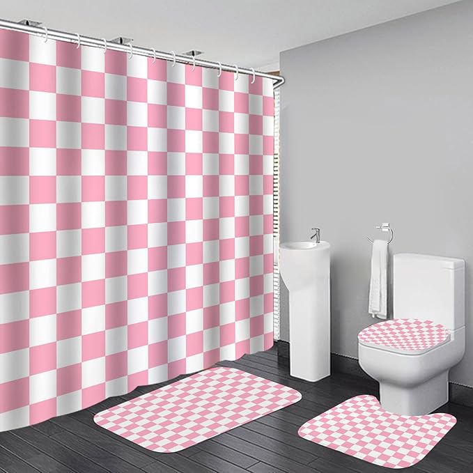 4 PCS Checkered Shower Curtain Sets Fun Gingham Bathroom Sets Soft Non Slip Bath Rugs Toilet Cover U-Shaped Mat Retro Bright Waterproof Shower Curtains with 12 Hooks for Tub Toilet, Pink