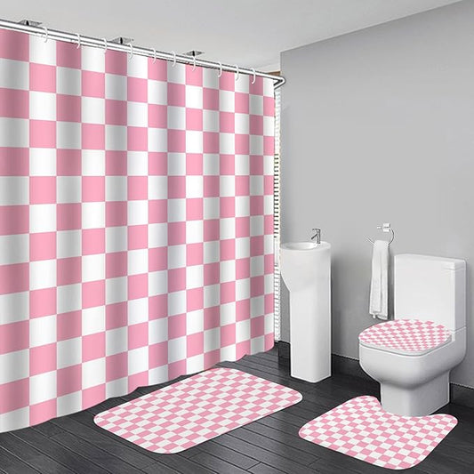 4 PCS Checkered Shower Curtain Sets Fun Gingham Bathroom Sets Soft Non Slip Bath Rugs Toilet Cover U-Shaped Mat Retro Bright Waterproof Shower Curtains with 12 Hooks for Tub Toilet, Pink