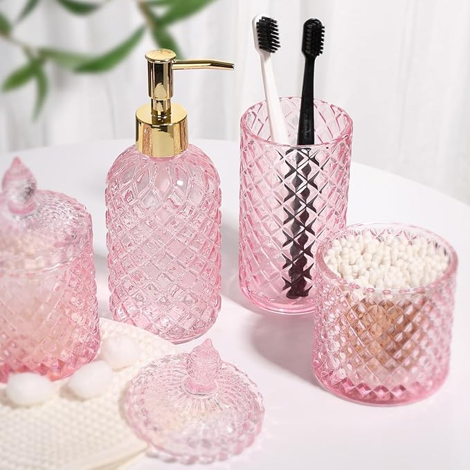 RYTOXILO Pink Bathroom Accessories Set, 4 Pack Pink Bathroom Decor Accessory Sets Complete, Diamond Glass Soap Dispenser and Toothbrush Holder Set for Bath Counter Organizer Essentials