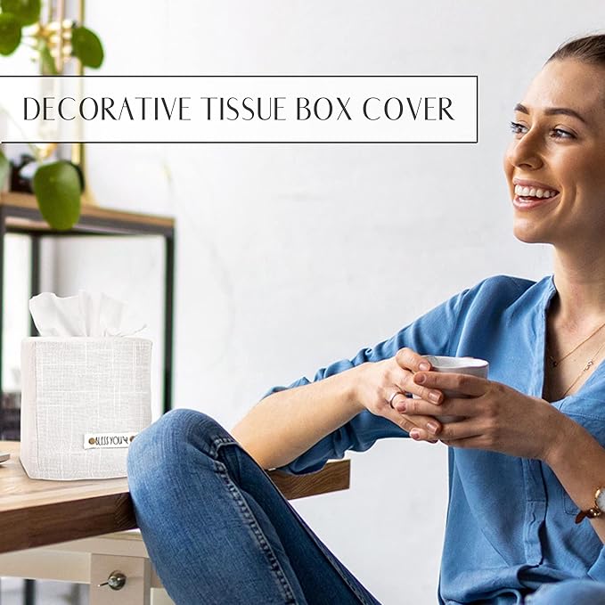Stylish Tissue Box Cover - This White Linen Holder Instantly Covers Your Square Tissue Boxes - The Perfect Cube Cover for Your Bathroom and Home