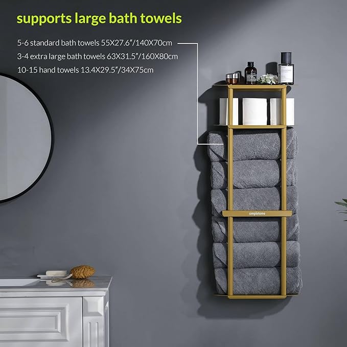simpletome Towel Racks for Bathroom Storage Shower Organizer 31 inch Wall Mounted with Shelves Can Holds 6 Large Towels Thickened Carbon Steel(Gold)