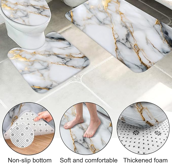 Lnond 4Pcs Marble Bathroom Sets with Shower Curtain and Rugs,White Gold Marble Modern Art Bathroom Shower Curtain Sets with Rugs and Accessories