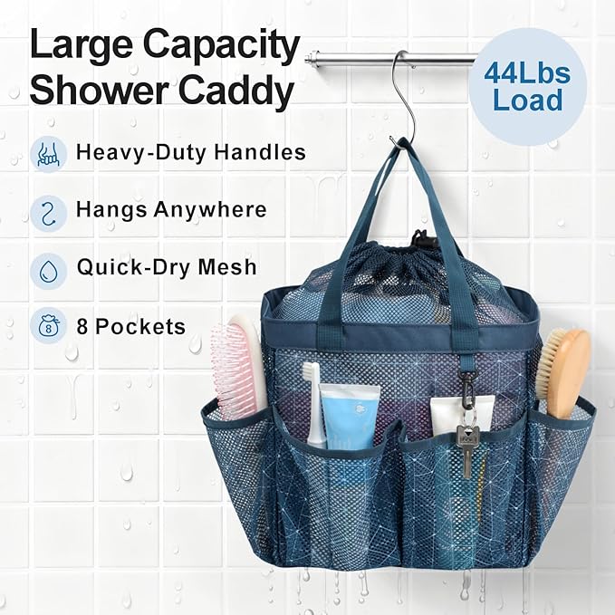 F-color Mesh Shower Caddy Portable with Drawstring - Upgrade Deeper 7 Pockets Dorm Room Essentials for Guys Girls with S Hook, Shower Bag Basket Tote for College Camping Gym Bathroom, Starlight Navy