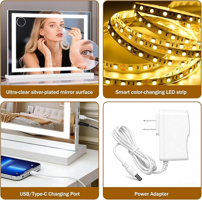 Vanity Mirror with Lights 28"x20", LED Makeup Mirror, 3 Color Lighting Modes, 10X Magnification, Smart Touch Control, Dimmable, Aluminum Metal Frame, Lighted Up for Vanity Desk (White)