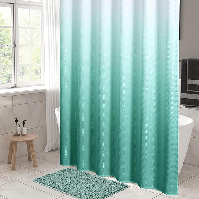 MitoVilla Teal Blue Ombre Waffle Fabric Shower Curtain, Modern Waffle Weave Textured Shower Curtains for Luxury Rustic Bathroom Decor, Vintage Weighted Bathroom Shower Curtain, 72 x 72
