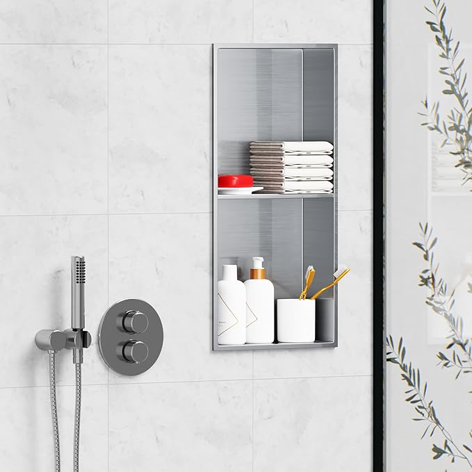 Stainless Steel Shower Niche 24" X 12" No Tile Needed Niche Shower with Two-Tier Recessed Wall Niches Insert for Bathroom Kitchen Storage, Brushed Nickel