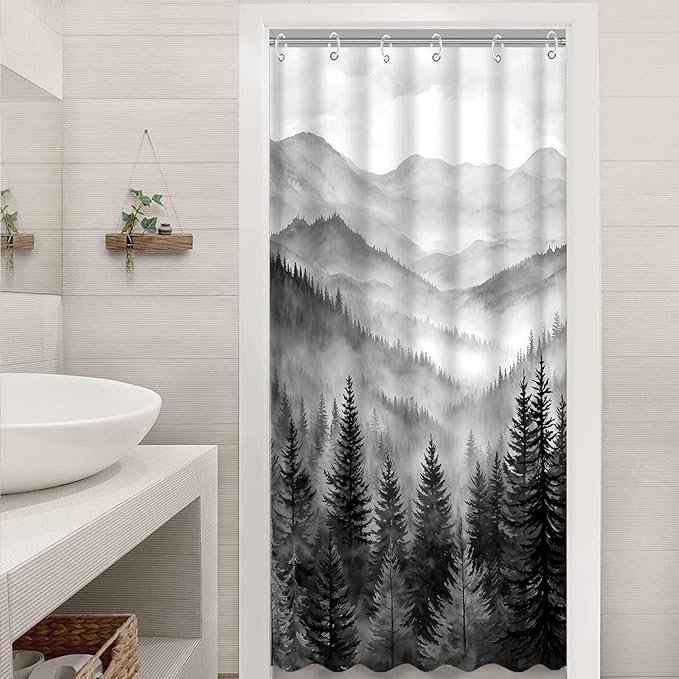 Forest Mountain Shower Curtain Black and White Nature Misty Pine Tree Shower Curtains for Bathroom Dark Grey Foggy Rustic Woodland Decorative Waterproof Fabric Bath Curtain Decor 36×72 Inches