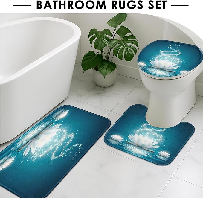 Britimes 4 Piece Shower Curtain Sets, with 12 Hooks, Magic Lotus Flower Turquoise Zen with Non-Slip Rugs, Toilet Lid Cover and Bath Mat, for Bathroom Decor Set, 72" x 72"