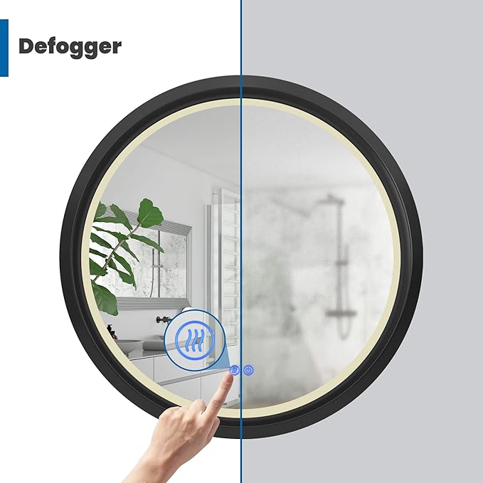 32 Inch Round LED Mirror for Bathroom, Black Metal Frame Lighted Vanity Mirror with 3 Color Modes, Touch Dimmer - Anti-Fog Wall Mounted Circle Mirror with Lights - Fab Glass and Mirror