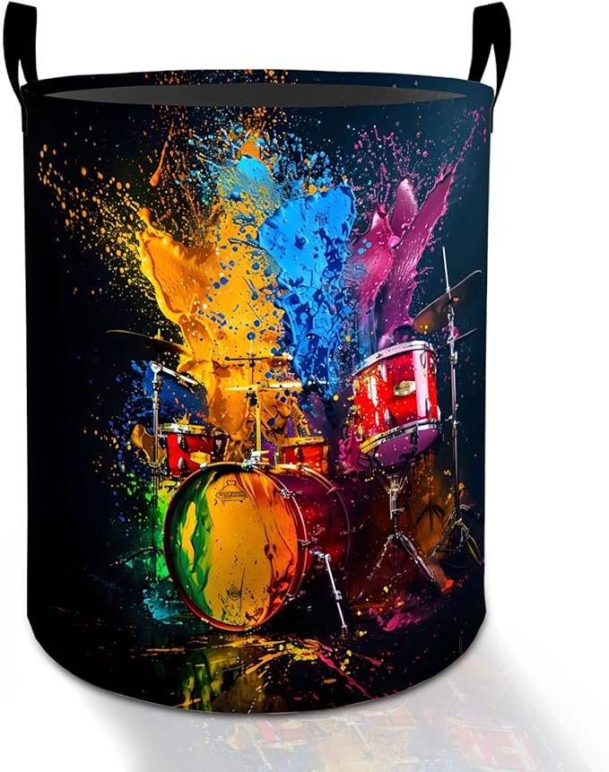 Drum Set Laundry Basket Hamper for Boys Girls Kids Adults, Foldable Waterproof Oxford Clothes Storage Bin, Colorful Paint Splash Music Art Organizer for Bedroom Bathroom Room Decor 19.7"x15.8"