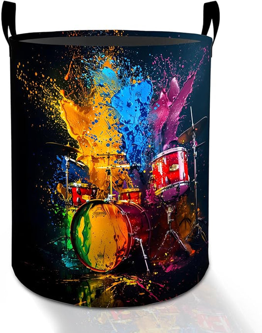 Drum Set Laundry Basket Hamper for Boys Girls Kids Adults, Foldable Waterproof Oxford Clothes Storage Bin, Colorful Paint Splash Music Art Organizer for Bedroom Bathroom Room Decor 19.7"x15.8"