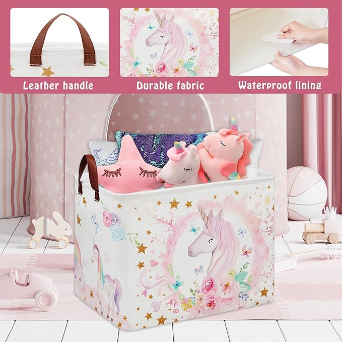 Unicorn Room Decor Kids Basket,Pink Baby Girl Laundry Hamper-Rainbow Toddler Storage Toy Box,Cute Clothes Book Toy Bin for Bedroom Bathroom