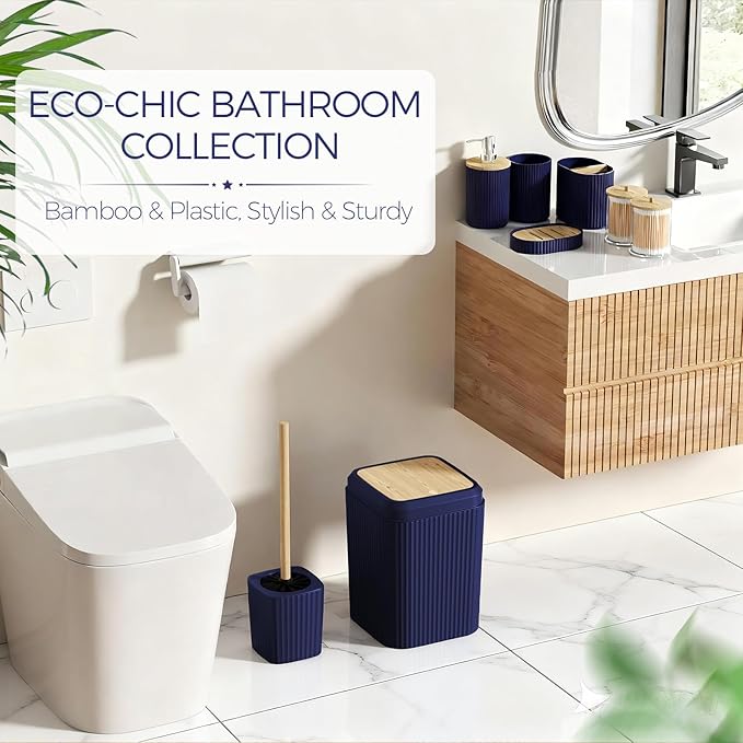 Navy Blue Bathroom Accessories Set, Bathroom Set with Shower Curtain and Rugs, Trash Can, Toilet Brush with Holder, Soap Dispenser, Toothbrush and Toothpaste Holder, Cup, Soap Dish, Qtip Holders