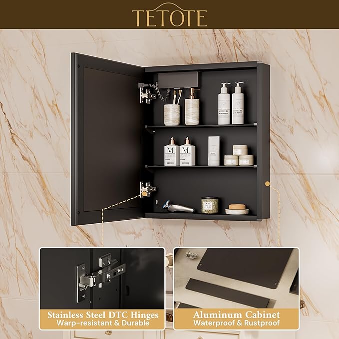 TETOTE 24 x 32 LED Bathroom Medicine Cabinet with Adjustable Shelves, Black Aluminum Cabinet, Anti-Fog Stepless Dimmable 3 Colors White/Warm/Natural, Easy to Install(Wall Mount/Recessed)