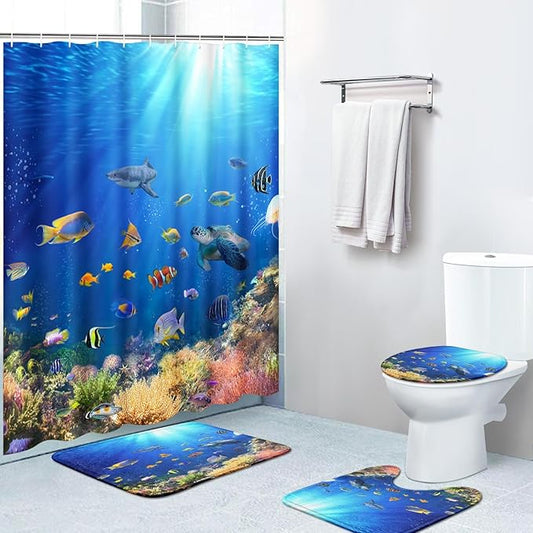 Britimes 4 Piece Shower Curtain Sets, with 12 Hooks, Nature Ocean Sea Turtle and Fish with Non-Slip Rugs, Toilet Lid Cover and Bath Mat for Bathroom Decor Set, 72" x 72"