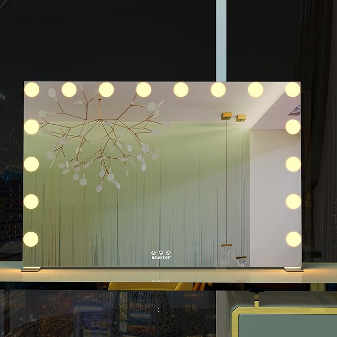 BEAUTME Hollywood Makeup Mirror,Vanity Mirror with Lights, LED Mirrors, Tabletop or Wall-Mounted Mirror with 16 Dimming LED Bulbs, Silver(911×180×616mm)