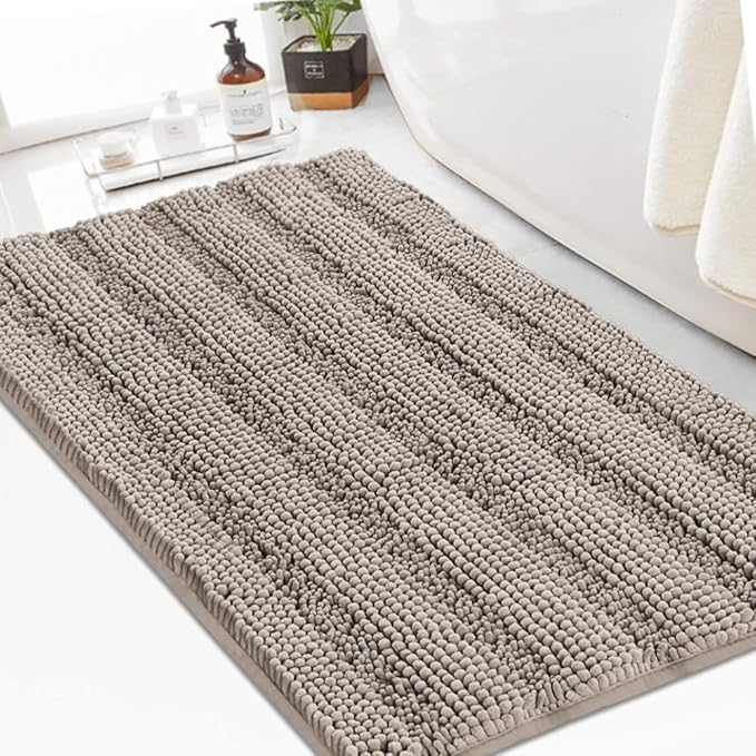 Turquoize Chenille Bath Rugs Non Slip Bath Mat, 24 x 36, Taupe, Shaggy, Soft & Absorbent, Area Rug