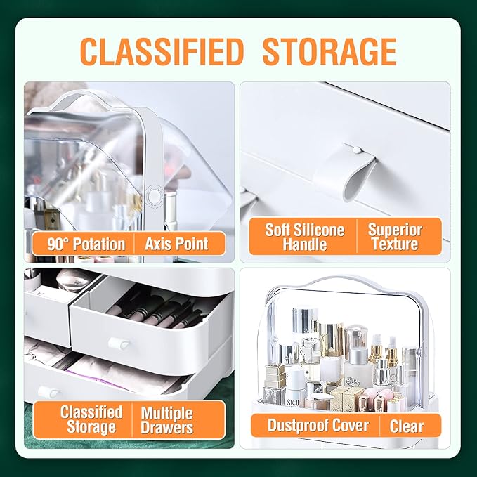Skin Care Organizer Dustproof, Make Up Organizers and Storage with Lid, Skincare Organizers Preppy, Makeup Storage Box & Cosmetic Storage Box Waterproof for Vanity Countertop_White