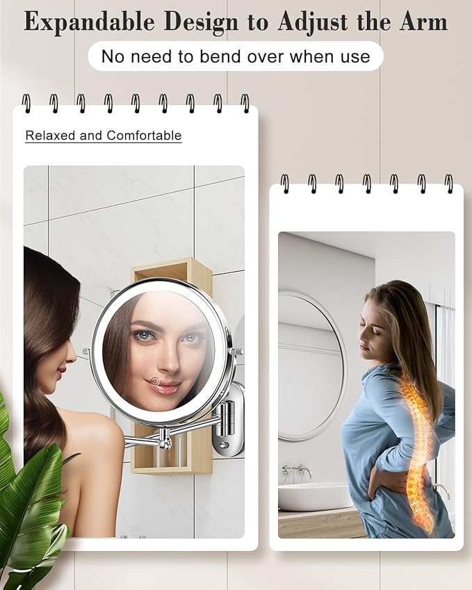 vpu 9" Wall Mounted Makeup Mirror with Light, 20X/1X Height Adjustable Double Sided Magnifying Bathroom Lighted Mirror, 3 Color Touch Dimmable Extended Arm 360 Rotation Light up Magnification Mirrors