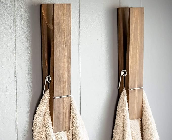 Giant Clothespin Bathroom Towel Holder | Huge 12” Clothes pin | Farmhouse Bathroom décor | Laundry Room or Nursery décor | Towel Rack or Hook | Bathroom Accessories wall décor (Jacobean)