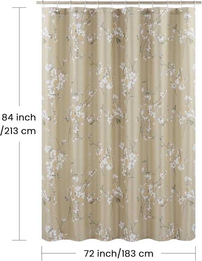 Extra Long Fabric Shower Curtain, Beige Gold Floral Plant Flower Shower Curtains for Bathroom, 72" W x 84" H