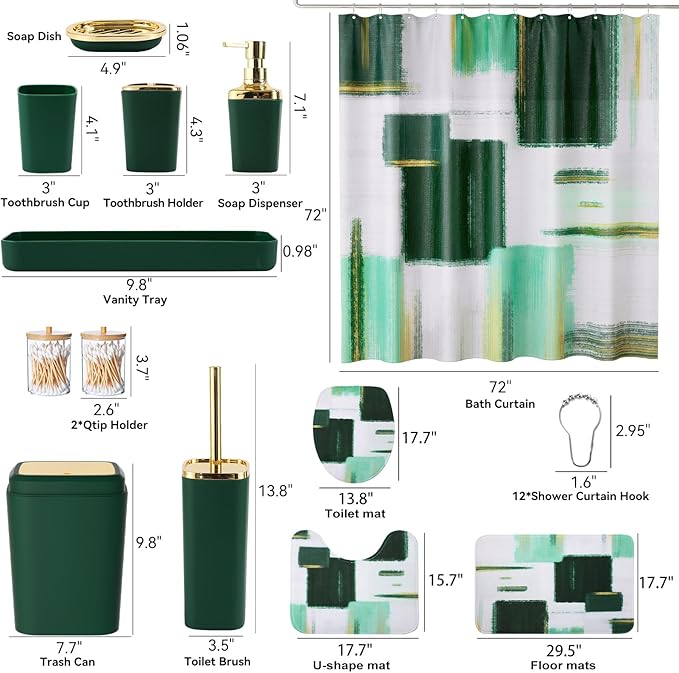 XLHOMO Bathroom Accessories Set - 25PC Bathroom Set with Shower Curtain and Rugs, Green Bathroom Set, Bathroom Accessory Set with Press-on Lid Trash Can, Soap Dispenser and Qtip Holders