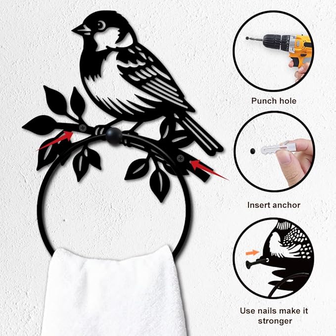 MAYJOYDIY Bird Metal Towel Ring Round Branch Bird Hand Towel Holder Ring Hanger Black Vintage Towels Wall Organizer for Kitchen Bath Home Laundry Room Decors Gifts