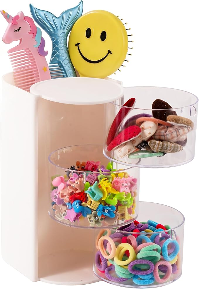 Hair Accessories Organizer with Hair Brush Holder, Rotating Makeup Brush Caddy for Girls Women, 3-Tier Clear Storage for Hair Clips, Ties, Jewelry & Necklaces, White