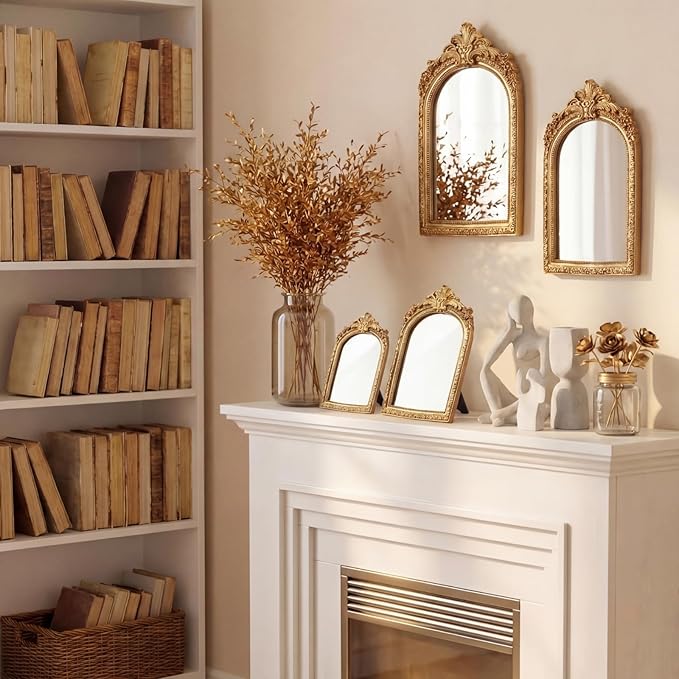 Thyle 4 Pcs Vintage Gold Antique Mirror Set Arch Retro Resin Baroque Decorative Makeup Mirror Square Hanging Wall Desk Tabletop Room Bedroom Bathroom Gallery (13x9 10x7 8x5 7x4)(Light Color)