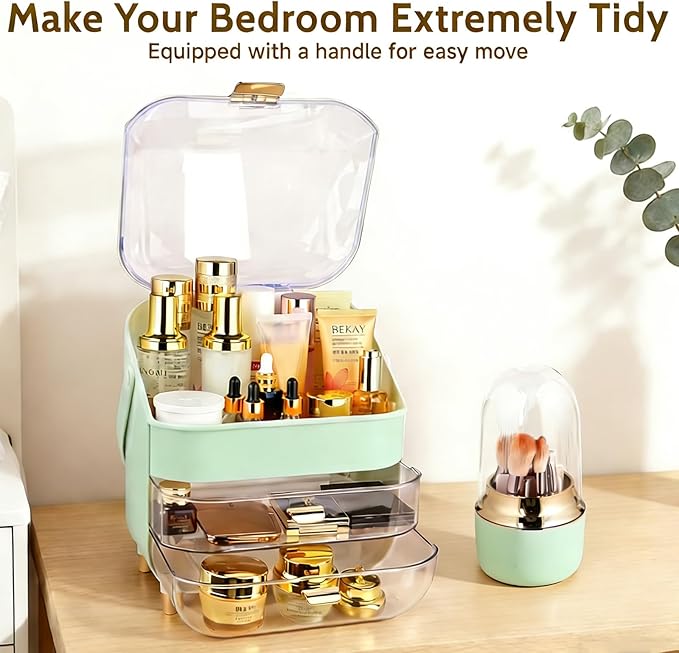 Makeup Organizer with Drawers,Cosmetic Display Case for Vanity,Skincare Organizer with 360 Rotating Brush Holder,Large Storage Box Dresser for Women Gifts, Bathroom Countertop,Green