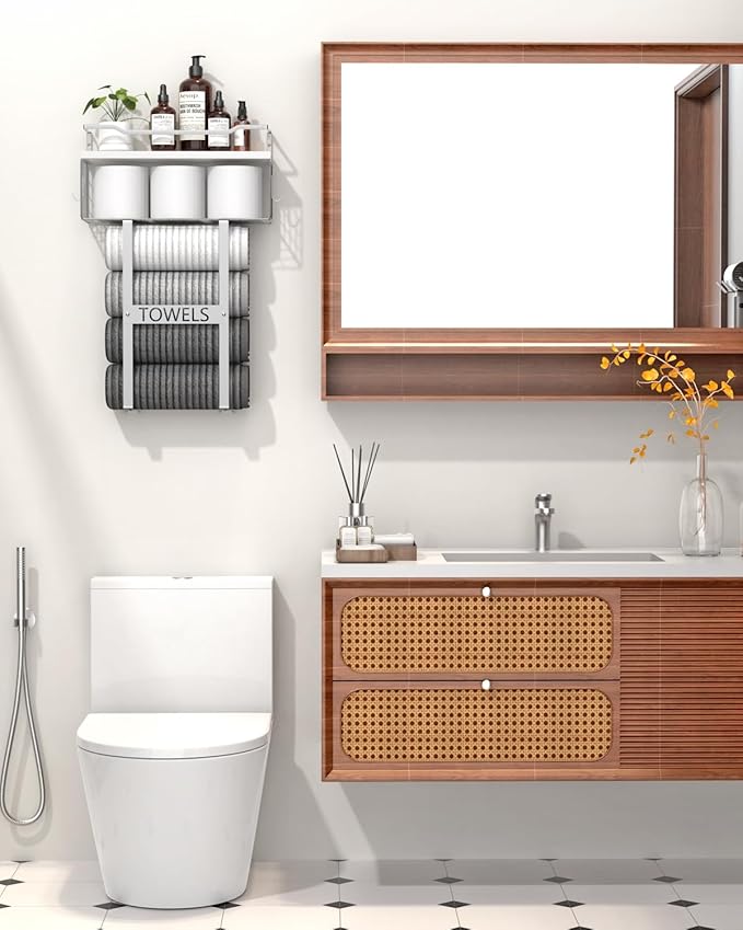 Towel Racks for Bathroom Wall Mounted - Bath Wall Towel Holder Set Above Toilet Storage, Rolled Towel Shelf Organizer for Small Bathroom, Wood Vertical Towel Rack for Bathroom Wall Decor Silver