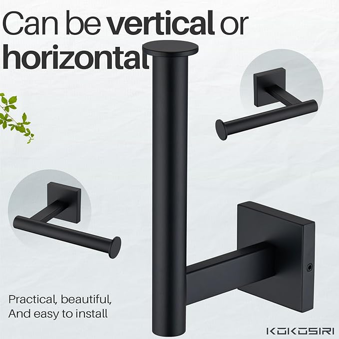 KOKOSIRI 20-Inch Bathroom Shelves Glass Floating Shelf Toilet Roll Holder Toilet Paper Holder Stainless Steel Matte Black B1105BK-L20+B2008BK