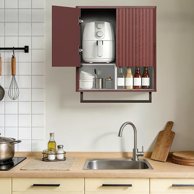 Bathroom Wall Storage Cabinet, Over The Toilet Medicine Cabinet, Hidden Storage & Open Shelves, Small 2-Door Multi-Functional Bathroom Organizer with Towel Bar for Bathroom & Kitchen