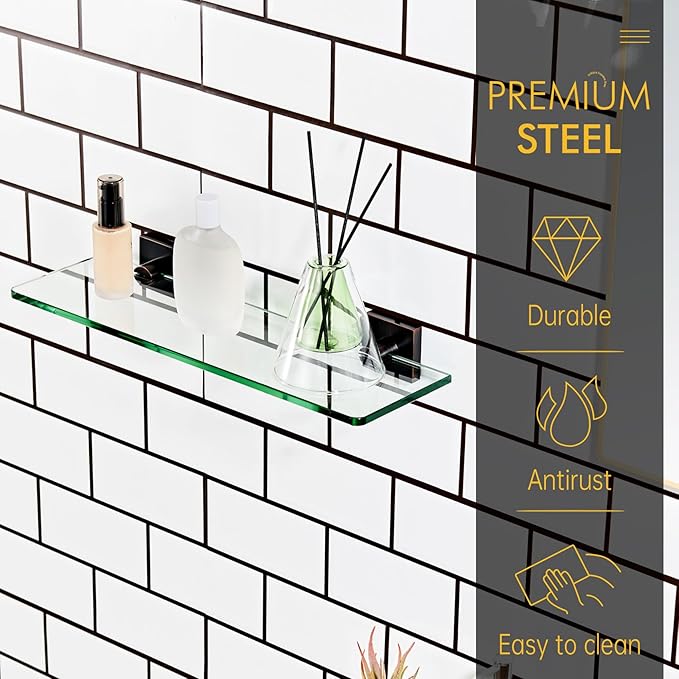 KOKOSIRI Tempered Glass Shelves 16-Inch Bathroom Floating Wall Shelf Kitchen Rack Shower Storage, 2 Pack Oil Rubbed Bronze Stainless Steel B1107ORB-L16-P2