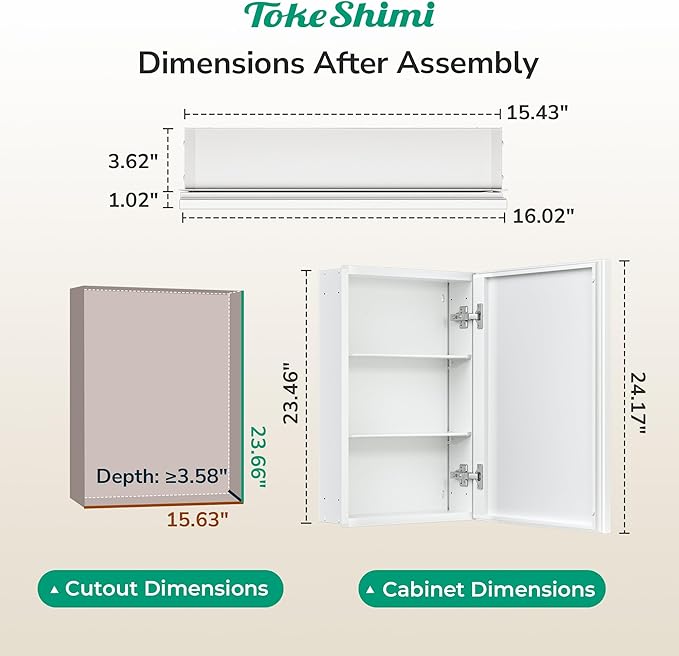 TokeShimi 16 x 24 White Medicine Cabinet for Bathroom, Assembly Required, Recessed Medicine Cabinet with Mirror, Stepless Adjustable Shelves, HD Tempered Mirror, DTC Hinge
