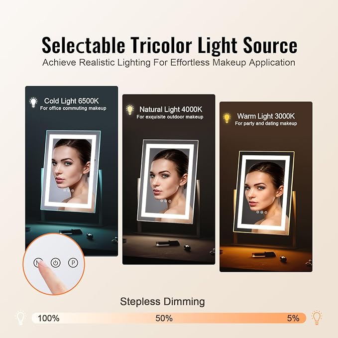 VEVOR Lighted Makeup Mirror, Three Color Lighting Modes Hollywood Vanity Mirror, Makeup LED Mirror with Lights, and 5X Magnification Mirror, Smart Touch Control, 360°Rotation (16.1x11.8 in, White)
