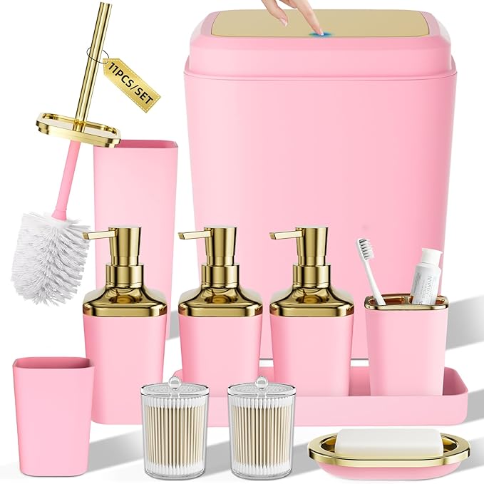 Bathroom Set — Bathroom Accessories Set, 11PC Bathroom Accessory Set, Pink Bathroom Set with Push-lid Trash Can, 3PC Soap Dispensers, Toilet Brush & Qtip Holders