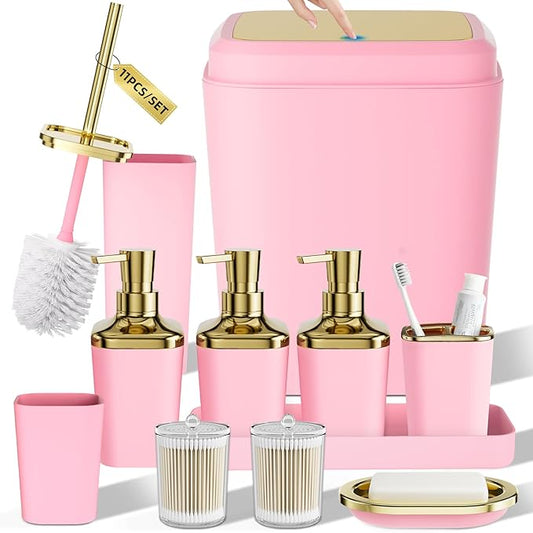 Bathroom Set — Bathroom Accessories Set, 11PC Bathroom Accessory Set, Pink Bathroom Set with Push-lid Trash Can, 3PC Soap Dispensers, Toilet Brush & Qtip Holders