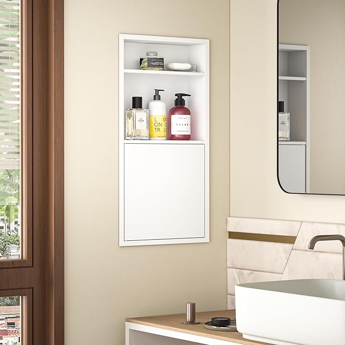 Recessed Medicine Cabinet with Door 24" X 12" White Wall Medicine Cabinets with 3-Tier Shelf 304 Stainless Steel Niche Shower for Bathroom Storage