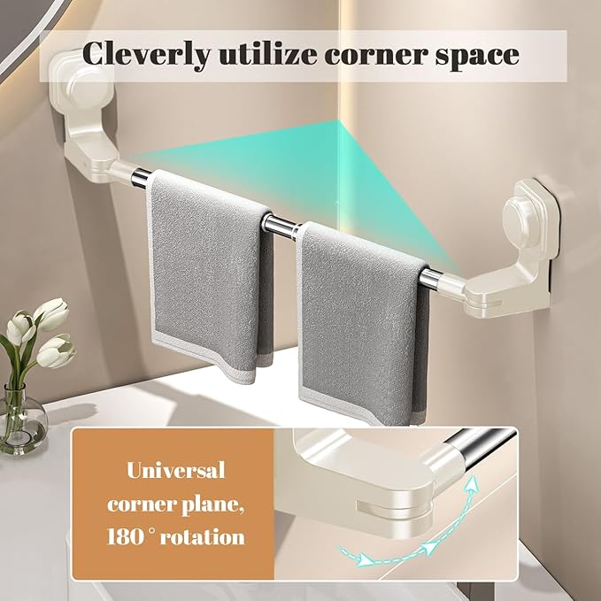 Extendable Suction Cup Towel Bar 12-24inch Removable Towels Holder for Shower Stainless Steel Single Rack No Drill Wall Mounted Clothes Hanger Rod for Bathroom Kitchen White