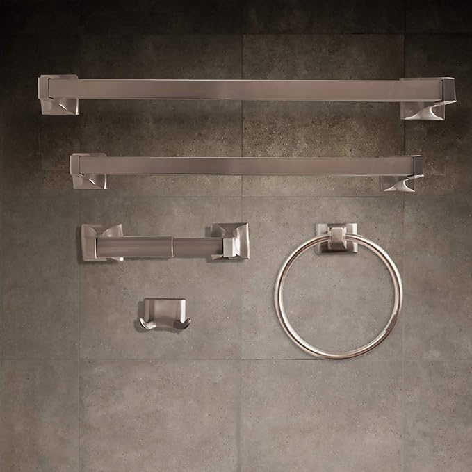SENTO Cellar Classic Bathroom Accessories Set, Heavy Duty Metal Bath Hardware Set Wall Mounted, Includes Robe Hook, Toilet Paper Holder, Towel Ring, 18” & 24” Towel Bar (5-Piece, Satin Nickel)