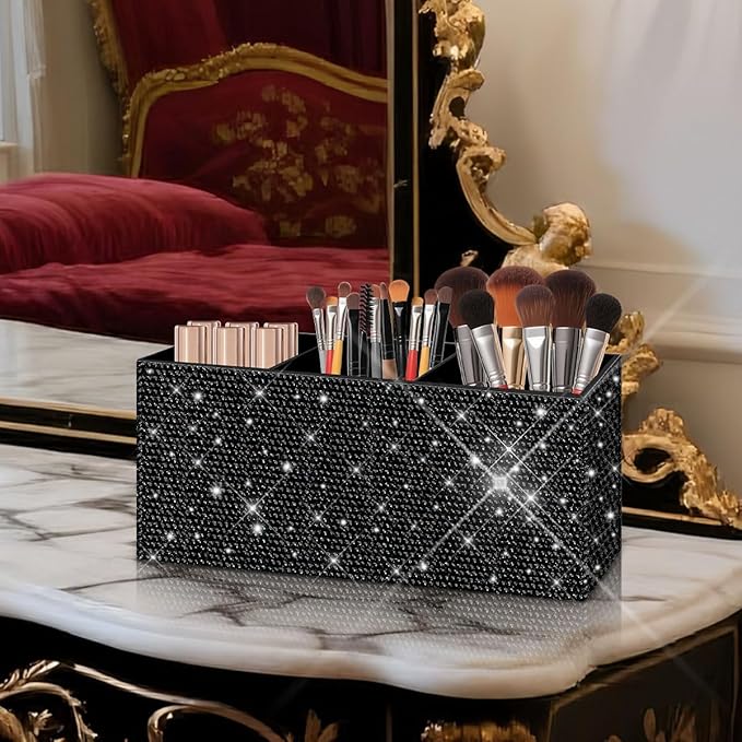 Bling Makeup Brush Holder Organizer, 3 Slot Sparkle Cosmetics Brushes Storage Holders with Shiny Rhinestones, Glitter Cute Pen and Pencil Holder for Desk, Eyeliners Display Case for Vanity???Black???