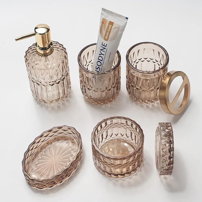 IVAILEX 5PCS Amber Brown Glass Bathroom Accessories Sets of Lotion Dispenser, Soap Dish, Toothbrush Holder, Tumbler, Cotton Swab Jars, Modern Bath Decor, Vintage Gift